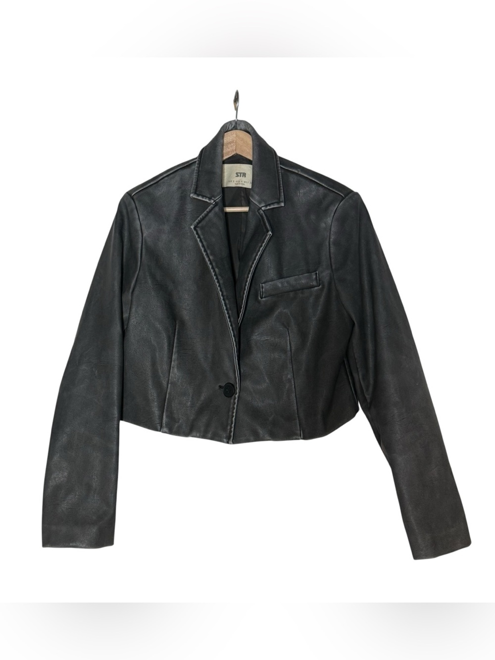 STR Genuine Leather Black Cropped Leather Blazer Jacket Size S Tuxedo Minimalist